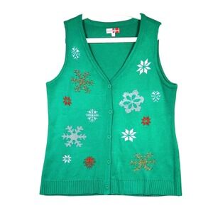 MerryWear Christmas Snowflake Knit Vest Button Front Womens L Green Ugly Sweater
